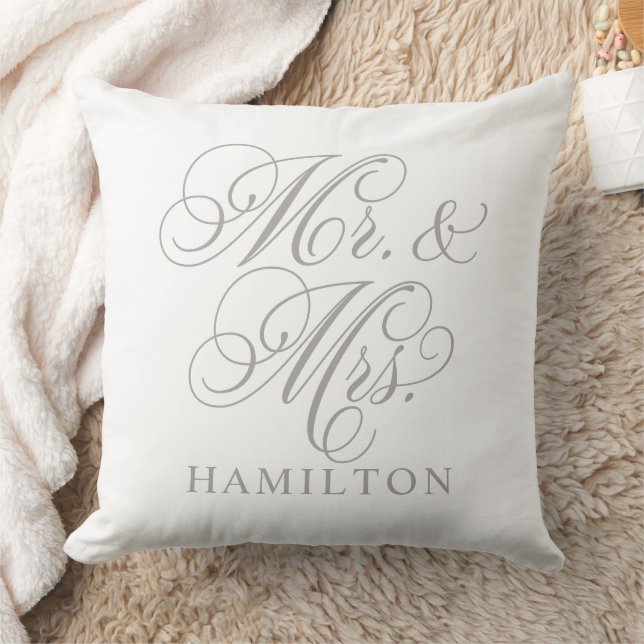 Elegant Pewter Grey Mr and Mrs Script Wedding Cushion (Blanket)