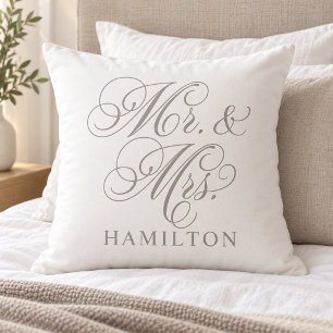 Elegant Pewter Grey Mr and Mrs Script Wedding Cushion