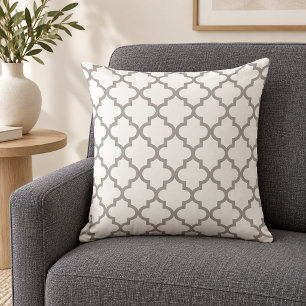 Elegant Pewter Grey White Quatrefoil Trellis Cushion