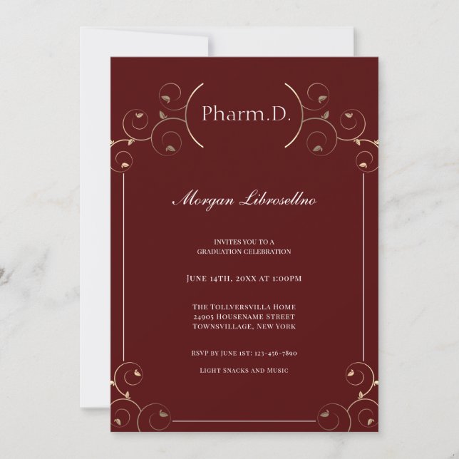 Elegant Pharm.D Gold Burgundy Graduation Invitation (Front)