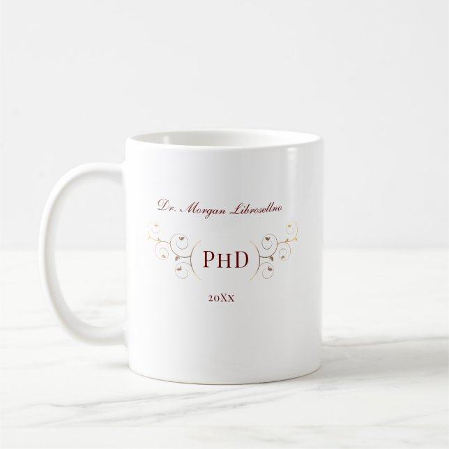 Elegant PhD Burgundy Gold Graduation Coffee Mug (Left)