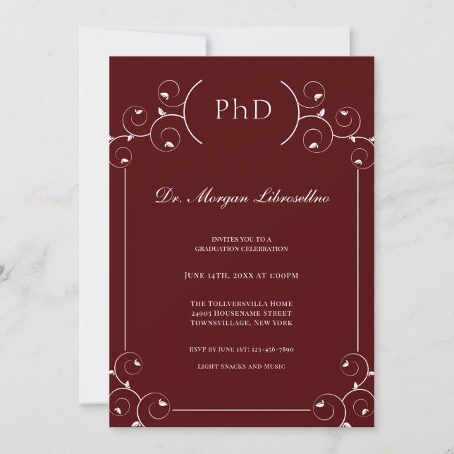 Elegant PhD Burgundy Graduation Invitation (Front)