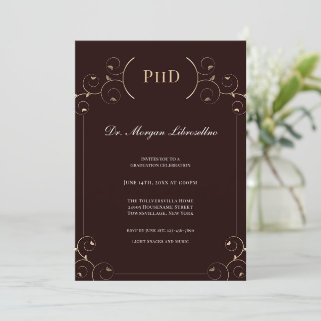 Elegant PhD degree Gold Brown Graduation Party Invitation (Standing Front)