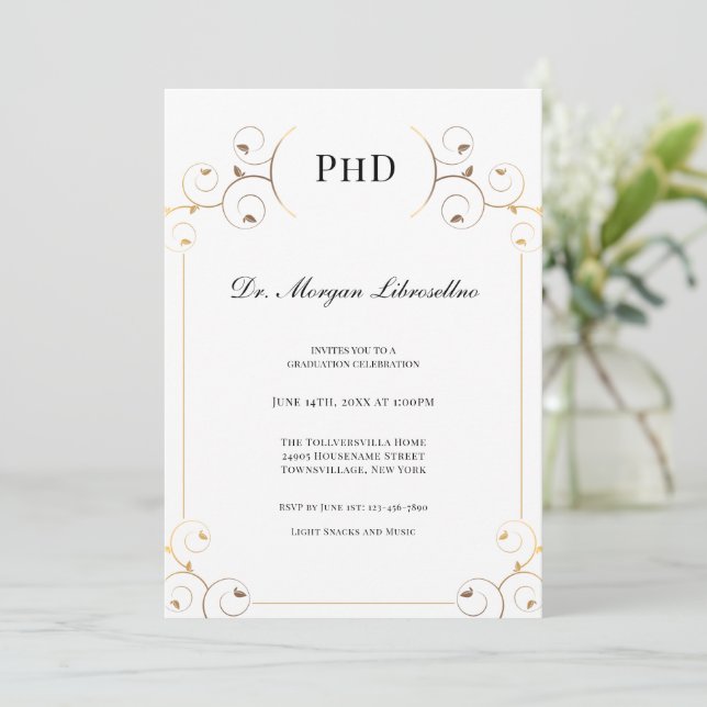 Elegant PhD degree Gold White Graduation Party Invitation (Standing Front)