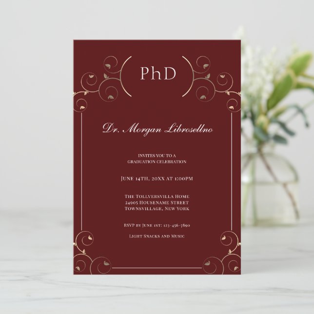 Elegant PhD Gold Burgundy Graduation Invitation (Standing Front)