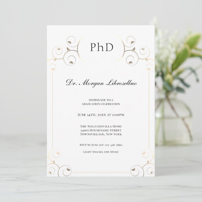Elegant PhD Gold Graduation Invitation (Standing Front)
