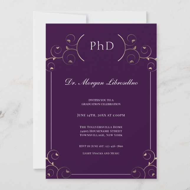 Elegant PhD Gold Purple Graduation Invitation (Front)