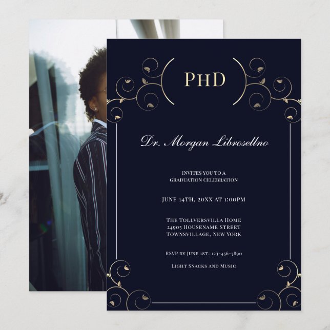 Elegant PhD Photo Gold Blue Graduation Party Invitation (Front/Back)