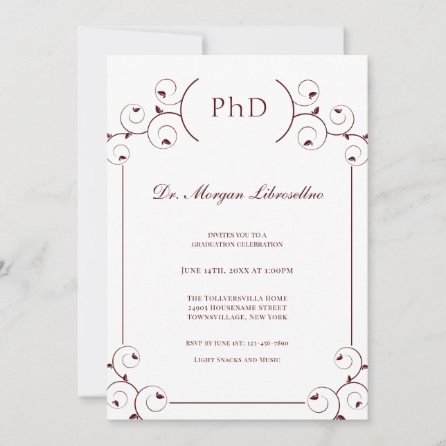 Elegant PhD White Burgundy Graduation Invitation (Front)