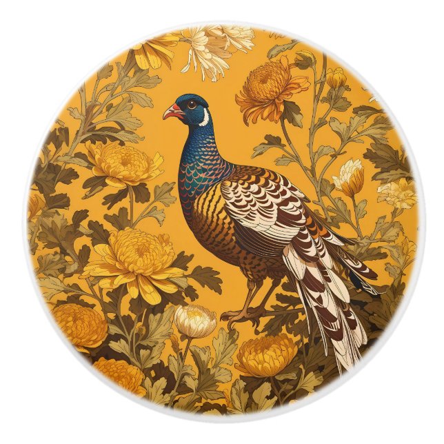 Elegant Pheasant William Morris Inspired Ceramic Knob (Front)