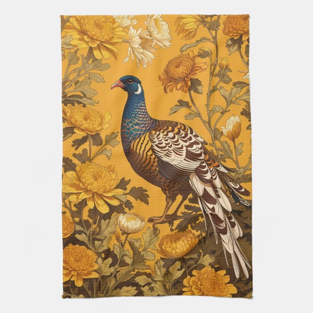 Elegant Pheasant William Morris Inspired Tea Towel (Vertical)