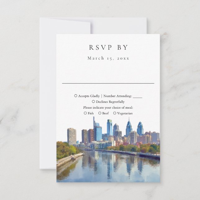 Elegant Philadelphia Skyline Watercolor Wedding RSVP Card (Front)