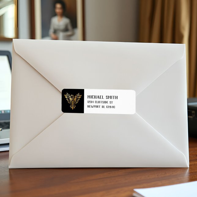 Elegant Phoenix Black Gold Tribal Bird Chic Modern (Elegant black and gold phoenix return labels with tribal style for bold, masculine mail.)