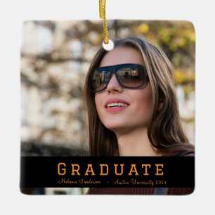 Elegant Photo 2024 Orange Black Graduation Ceramic Ornament