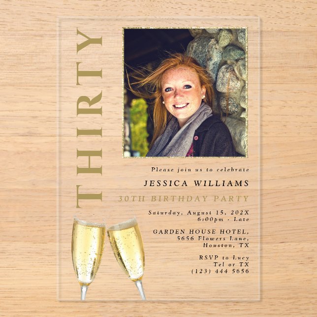 Elegant Photo 30th Birthday Champagne Acrylic Invitations (Front)