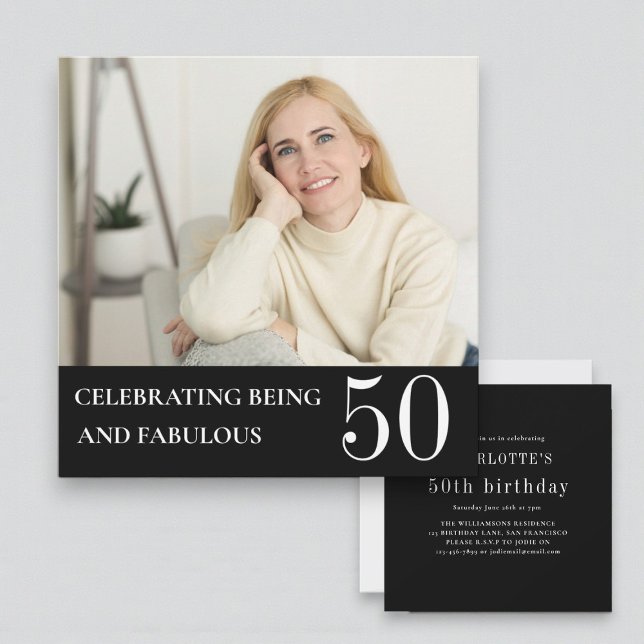 Elegant Photo 50th Birthday Black White Invitation (Creator Uploaded)