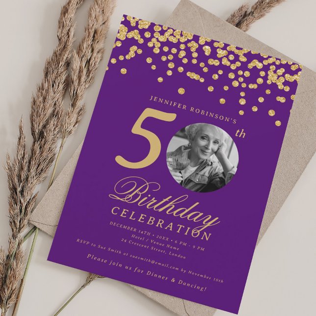 Elegant Photo 50th Birthday Gold Confetti Purple  Invitation (Elegant Photo 50th Birthday Gold Confetti Purple Invitation)
