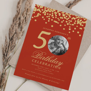 Elegant Photo 50th Birthday Gold Confetti Red Invitation