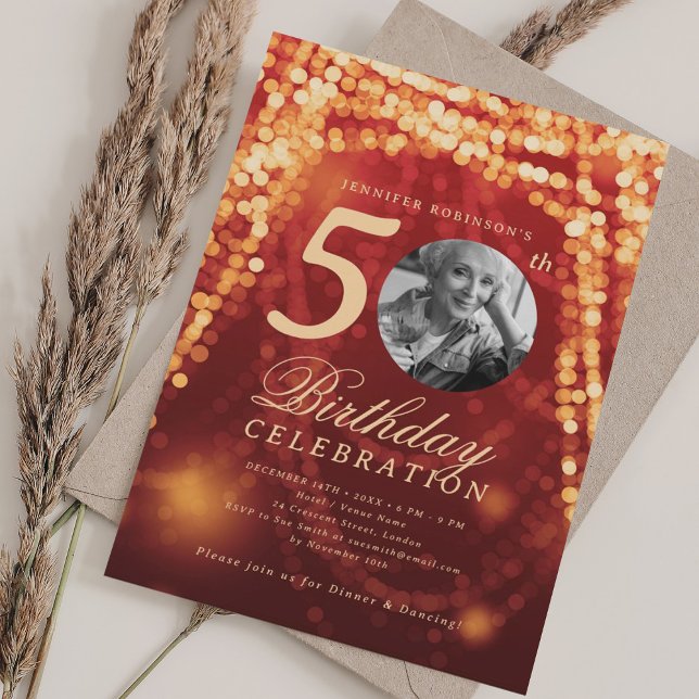 Elegant Photo 50th Birthday Gold Red Glam Lights Invitation (Elegant Photo 50th Birthday Gold Red Glam Lights Invitation)