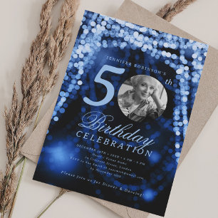 Elegant Photo 50th Birthday Navy Blue Glam Lights Invitation