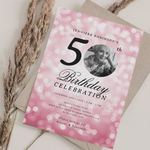 Elegant Photo 50th Birthday Party Blush Pink Bokeh Invitation