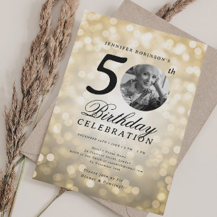 Elegant Photo 50th Birthday Party Gold Bokeh Invitation