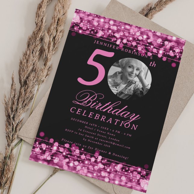 Elegant Photo 50th Birthday Party Hot Pink Lights Invitation (Elegant Photo 50th Birthday Party Hot Pink Lights Invitation)