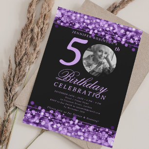 Elegant Photo 50th Birthday Party Purple Lights Invitation