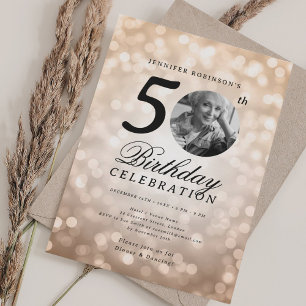 Elegant Photo 50th Birthday Party Rose Gold Bokeh Invitation