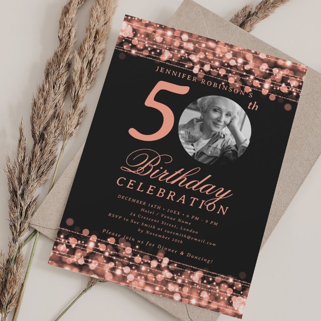 Elegant Photo 50th Birthday Party Rose Gold Lights Invitation (Elegant Photo 50th Birthday Party Rose Gold Lights Invitation)