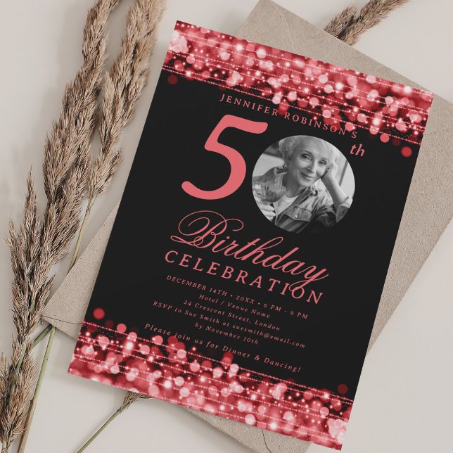 Elegant Photo 50th Birthday Party Ruby Red Lights Invitation (Elegant Photo 50th Birthday Party Ruby Red Lights Invitation)