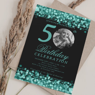 Elegant Photo 50th Birthday Party Teal Lights Invitation