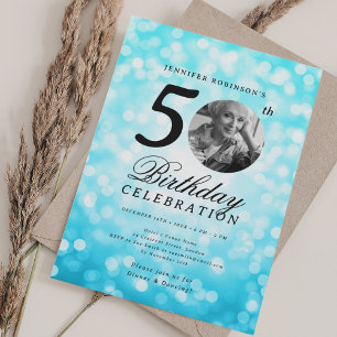 Elegant Photo 50th Birthday Party Turquoise Bokeh Invitation