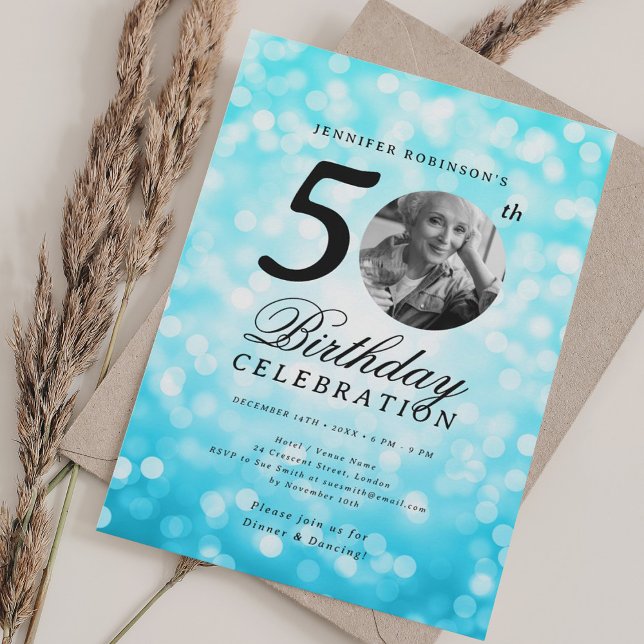 Elegant Photo 50th Birthday Party Turquoise Bokeh Invitation (Elegant Photo 50th Birthday Party Turquoise Bokeh Invitation)