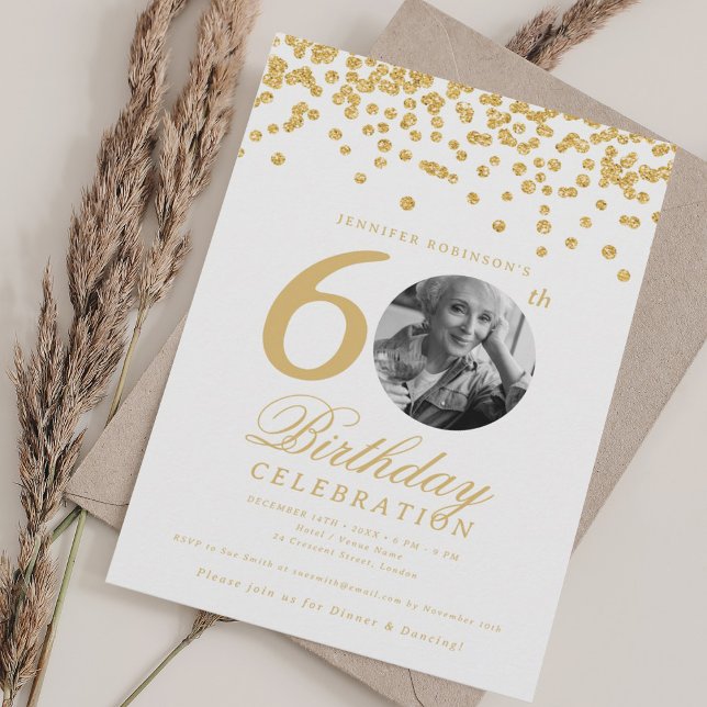 Elegant Photo 60th Birthday Gold Confetti Invitation (Elegant Photo 60th Birthday Gold Confetti Invitation)