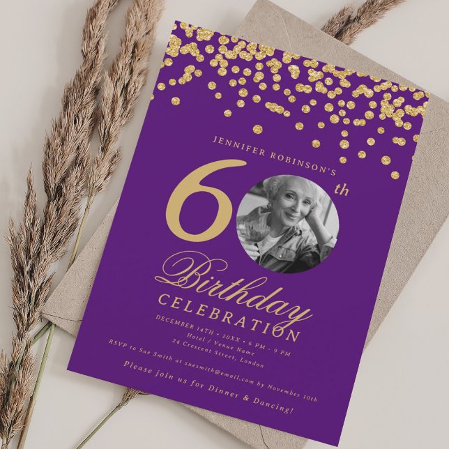 Elegant Photo 60th Birthday Gold Confetti Purple Invitation (Elegant Photo 60th Birthday Gold Confetti Purple Invitation)