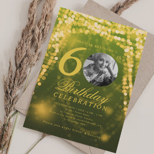 Elegant Photo 60th Birthday Green Gold Glam Lights Invitation