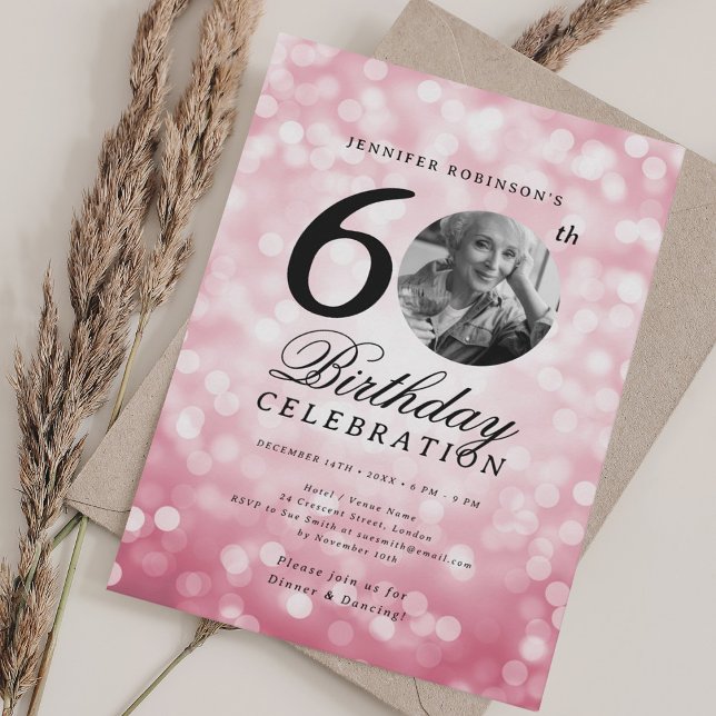 Elegant Photo 60th Birthday Party Blush Pink Bokeh Invitation (Elegant Photo 60th Birthday Party Blush Pink Bokeh Invitation)