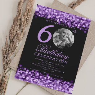 Elegant Photo 60th Birthday Party Purple Lights Invitation