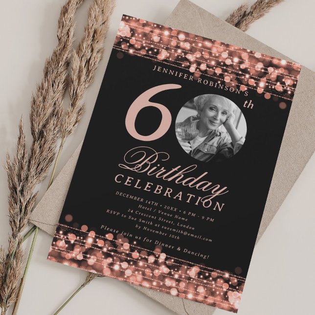 Elegant Photo 60th Birthday Party Rose Gold Lights Invitation (Elegant Photo 60th Birthday Party Rose Gold Lights Invitation)