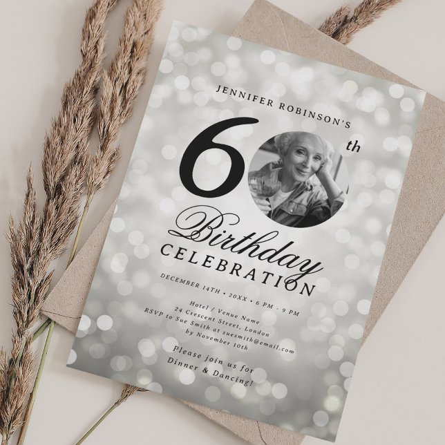 Elegant Photo 60th Birthday Party Silver Bokeh Invitation (Elegant Photo 60th Birthday Party Silver Bokeh Invitation)