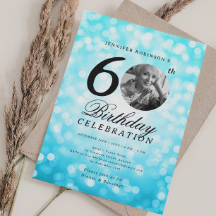 Elegant Photo 60th Birthday Party Turquoise Bokeh Invitation