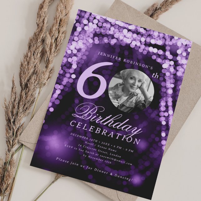 Elegant Photo 60th Birthday Purple Glam Lights Invitation (Elegant Photo 60th Birthday Purple Glam Lights Invitation)