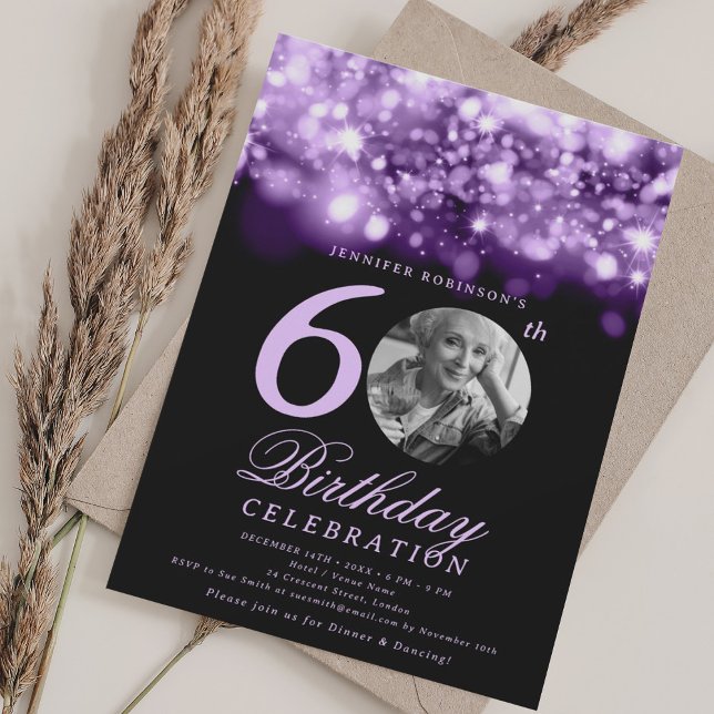 Elegant Photo 60th Birthday Purple Midnight Glam  Invitation (Elegant Photo 60th Birthday Purple Midnight Glam Invitation)