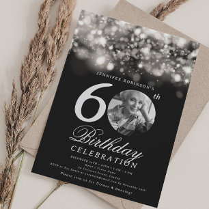 Elegant Photo 60th Birthday Silver Midnight Glam  Invitation