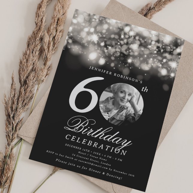 Elegant Photo 60th Birthday Silver Midnight Glam  Invitation (Elegant Photo 60th Birthday Silver Midnight Glam Invitation)