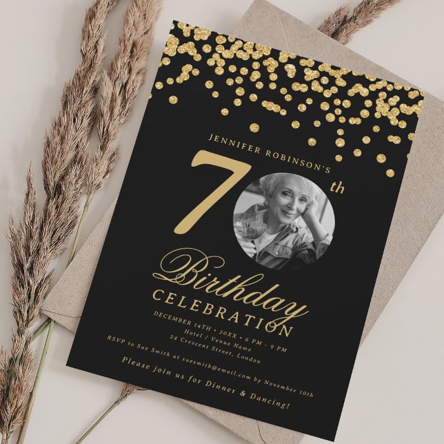 Elegant Photo 70th Birthday Gold Black Confetti Invitation (Elegant Photo 70th Birthday Gold Black Confetti Invitation)