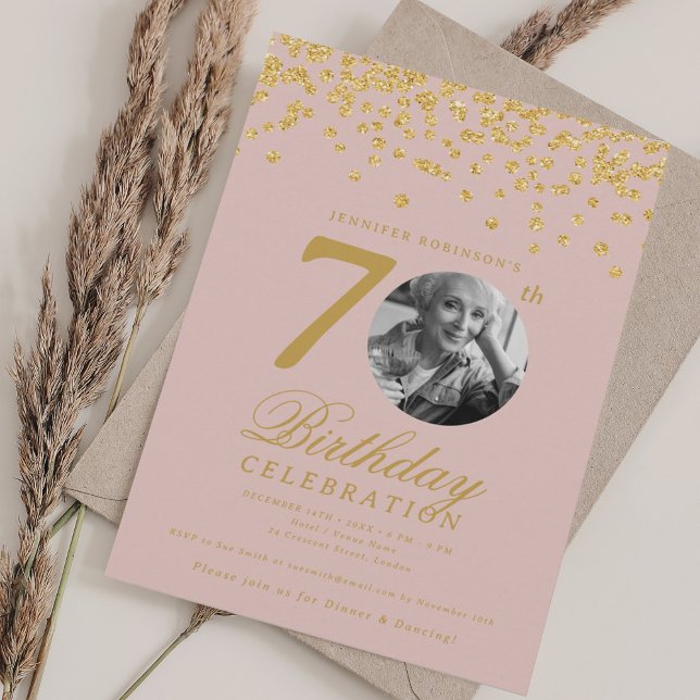 Elegant Photo 70th Birthday Gold Blush Pink Invitation (Elegant Photo 70th Birthday Gold Blush Pink Invitation)