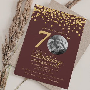 Elegant Photo 70th Birthday Gold Burgundy Confetti Invitation