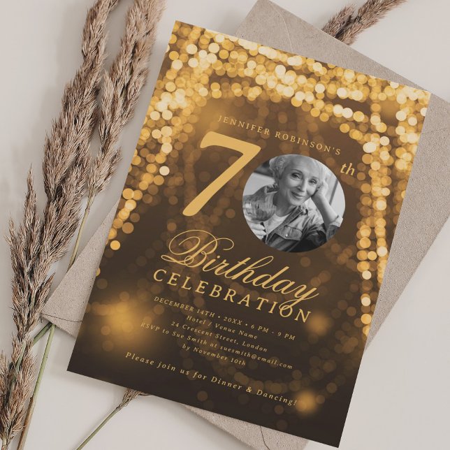 Elegant Photo 70th Birthday Gold Glam Lights Invitation (Elegant Photo 70th Birthday Gold Glam Lights Invitation)